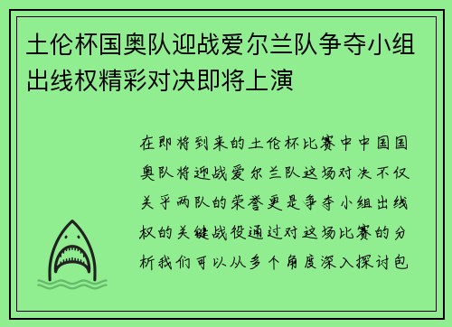 土伦杯国奥队迎战爱尔兰队争夺小组出线权精彩对决即将上演